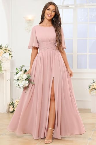 Chiffon Short Sleeve Long Bridesmaid Dresses for Women Ruched Evening Formal Gowns2