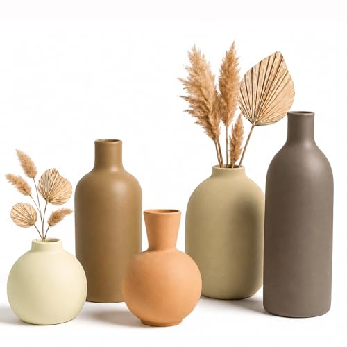 Neutral Ceramic Vase Set – 5 Matte Earth-Tone Vases for Japandi, Scandinavian, or Minimalist Home Decor, Table, Entryway, Shelf & Mantel Styling