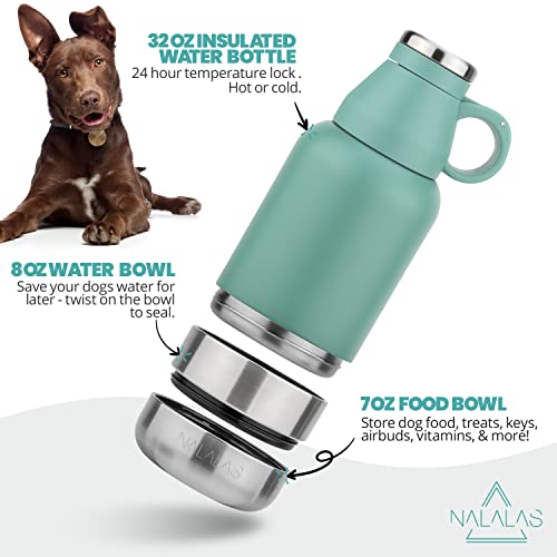 Nalalas 3 In 1 Portable Dog Water Bottle - Large 32Oz Insulated Water Bottle With Travel Dog Water Bowl & Food Bowl - Dog Travel Water Bottle Portable Dog Bowl - Water Bottle For Dogs On The Go (Teal) #TOP3