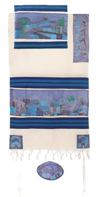 Jerusalem Dove in Blue Woven Cotton and Silk Tallit Set By Yair Emanuel From Menorah.com Vttws6