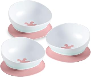 doddl Toddler and Baby Suction Bowl, Ergonomic Toddler Dishes for Self Feeding, 1-3 Year Olds, Dishwasher Safe, BPA Free (Dusky Rose 3 Pack)