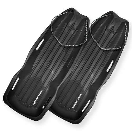 Slippery Racer Downhill Xtreme Flexible Adults and Kids Plastic Toboggan Snow Sled for up to 2 Riders with Pull Rope and Handles (Black, 2 Pack)