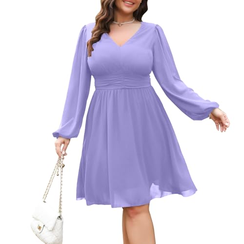 Image of RWJ Women's Plus Size Mini Dress 2025 Wrap V-Neck Empire Waist Long Sleeve Spring Trendy Elegant Flowy Chiffon Dresses