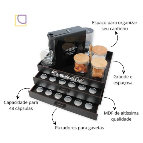 Bandeja Porta Cápsula Cantinho do Café N&spresso com 2 Gavetas Organizadora Preta Apoio Cafeteira Se