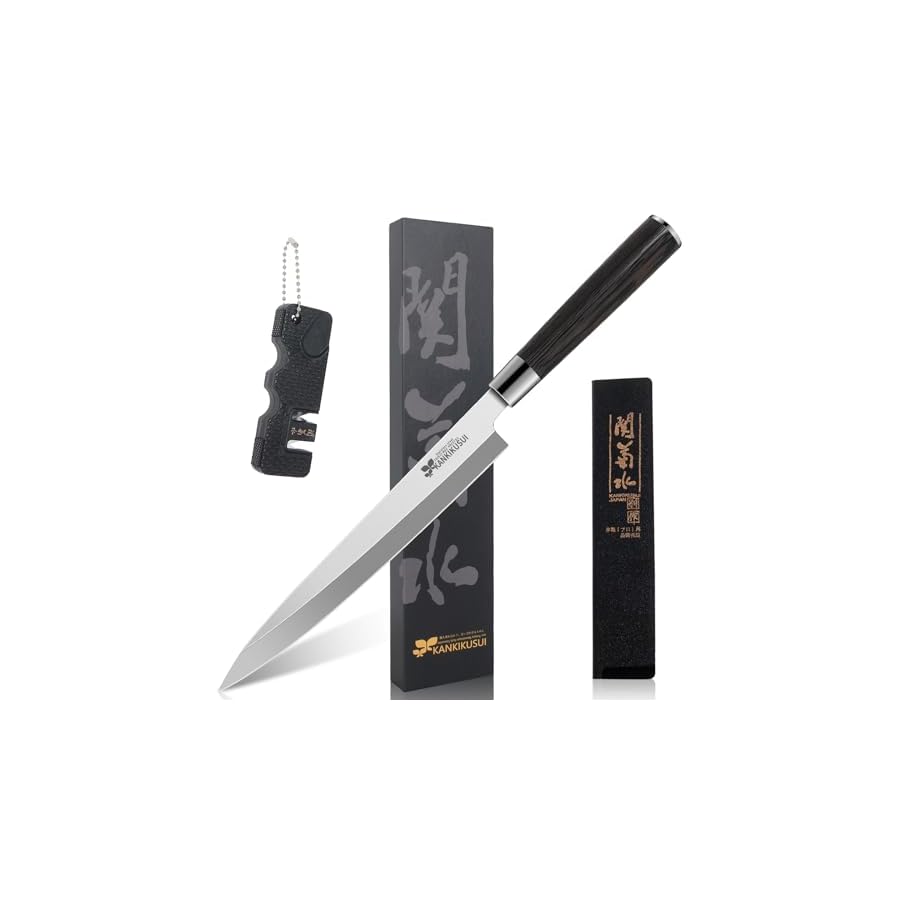 Left-Handed-Sashimi-Knife-93-inches-Sushi-Knife-HC70cr17mov-Yanagiba-Knife-Set-with-SheathSharpenerCleaning-ClothGift-Box KANKIKUSUI Left-Handed Sashimi Knife, 9.3" Sushi Knife, HC70cr17mov Superior Japanese Steel Yanagiba Knife Set with Sharpener/Gift Box