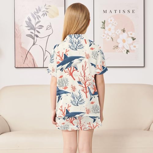 ALAZA Shark Coral Reef Vintage Pajamas Satin Pajama Set Short Sleeve Button Down Sleepwear4