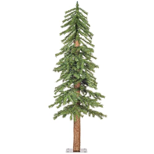 Vickerman 4'x 24.5' Natural Bark Alpine Artificial Christmas Tree Featuring 337 Rich Green PVC Tips - Unlit- Real Wood Trunk - Flat Metal Stand is Included