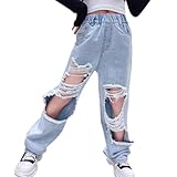 NABER Kids Girls Elastic Waist Cool Ripped Jeans Washed Denim Wide Leg Ripped Denim Jean Age 4-14 Years (Blue1, 7-8 Years)