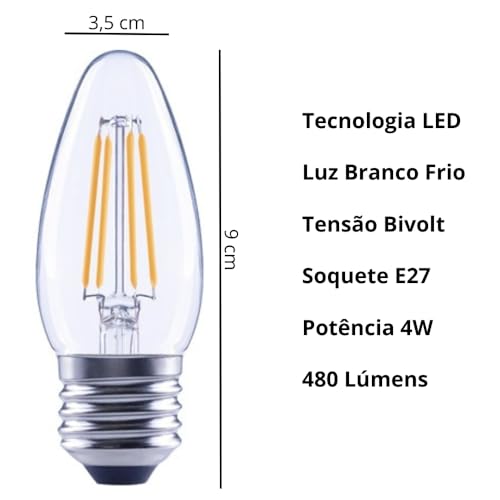 Kit 5 Lâmpadas Vela LED C35 4W E27 Branco Frio Bivolt