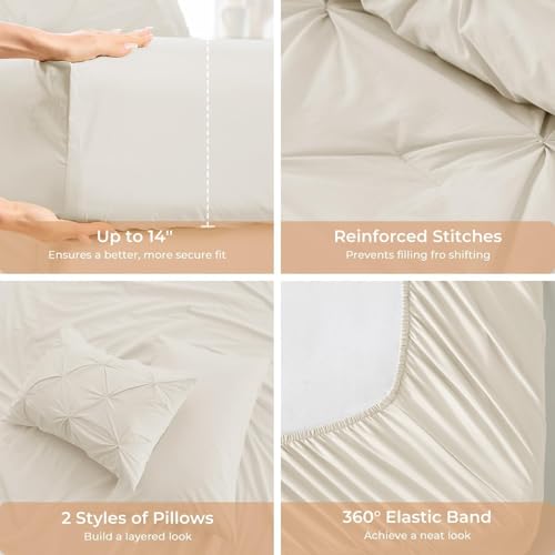 Image of Sasttie Queen Comforter Set, 7-Piece Bed in a Bag, Pintuck Bedding Sets for All Season, Includes Comforter, Flat Sheet, Fitted Sheet, Pillowcases and Pillowshams, Beige