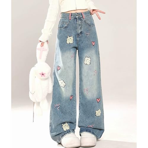 Fashion Kawaii High Waisted Straight Leg Jeans for Women Y2K Cute Printed Embroidered Patchwork Denim Pants4