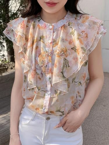 Image of Women's Shirt | Premium Chiffon Allover Print Sleeveless Shirts for Casual & Office Wear | Stylish Summer Button-Down Shirt for Girls & Women