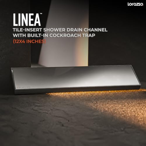 Image of Lorazzo Linea Tile-Insert SS304 Shower Drain Channel 12x4 Inch | Built-in Cockroach Trap | Stainless Steel Floor Drain | Silver Finish | Bathroom Shower Drain | 10 Year Warranty