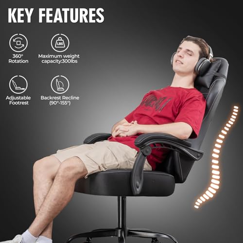 Image of GTPLAYER Gaming Chair, Office Chair High Back Computer Chair for Adults, Leather Desk Chair Executive Ergonomic Height Adjustable with Headrest and Lumbar Support, 300lbs Black