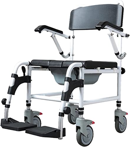 ZHOUWENQION 便器シャワー車椅子、ポータブルトイレチェア 取り外し可能なポット付き パッド入りシートリフト可能 アームレストスイングレッグロック可能なホイール ベッドサイド便器 高齢者向け