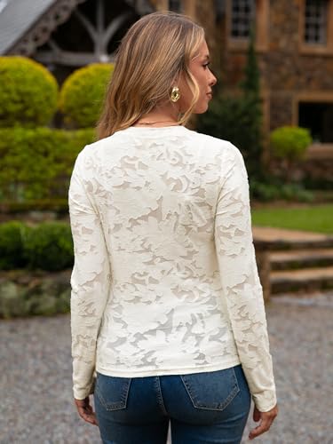 Glamaker Womens Mesh Long Sleeve Tops Lace See Through Sexy Crew Neck Eyelet Shirts Party Floral Club Dressy Blouse4