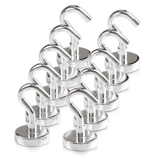 Magnetic Hooks 40lbs/18kg (Pack of 10 Silver) - Heavy Duty Neodymium Hooks for Outdoor & Backyard Use - Strong Rare Earth Magnets for Cruise Cabins - Magnet Hooks for Kitchen & Refrigerators