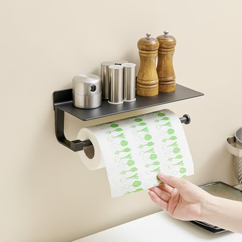 Paper Towel Holder Wall Mount - for Bathroom Hand Towel Holder for Bathroom Black Paper Towel Holder with Shelf (Matter Black)