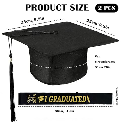 YEWCEP Graduation Hat, Unisex-Erwachsene Abschlusskappe, Abschlusshut mit Quaste, Verstellbar, für Abschlussfeiern von Studium, Uni, College, Abitur, Schule, Unisex (Schwarz)