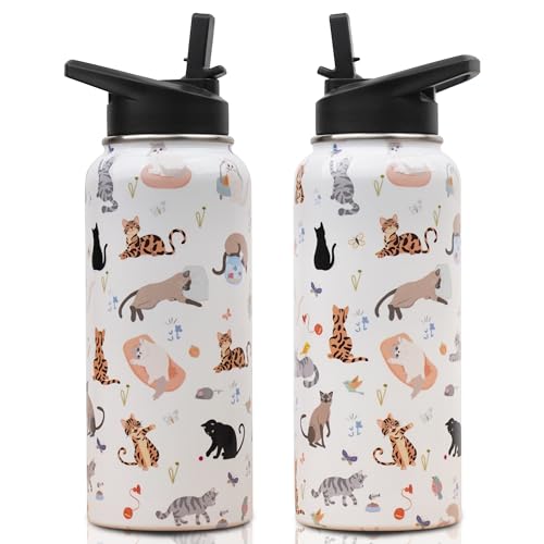 Insulated 32 oz Cat Water Bottle with Straw & Lid