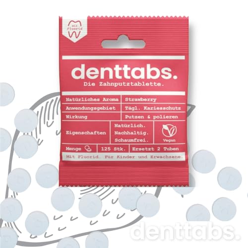 Denttabs Zahnputztabletten Erdbeergeschmack 2x125 Stk. die vollwertige Alternative zur Zahnpasta, fluoridfrei für Kinder und Erwachsene VEGAN Plastikfrei ohne Konservierungsstoffe. kompostable Bag