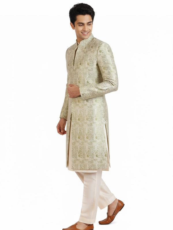 kisah Men’s Kurta Front Open Sherwani Trouser Set – Jacquard Silk Blend Traditional Outfit for Men - Festive & Wedding Ethnic Wear - Elegant & Comfortable-picture-39