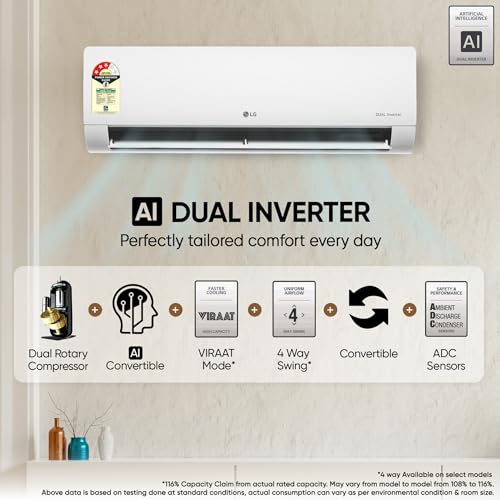 Image of LG 1.5 Ton 5 Star DUAL Inverter Split AC (Copper, AI Convertible 6-in-1, VIRAAT Mode, Faster Cooling & Energy Saving, 4 Way Swing, HD Filter with AntiVirus Protection & Diet Mode+, US-Q19ENZE3, White)