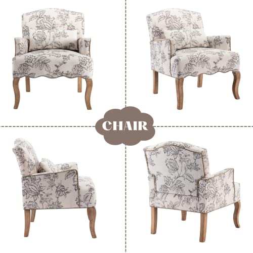 Cimoo Mid Century Accent Chair Floral Reading Chair With Removable Pillow Wingback Arm Chair Upholstered Comfy Single Sofa For Living Room/Bedroom/Fireplace, Beige #TOP6