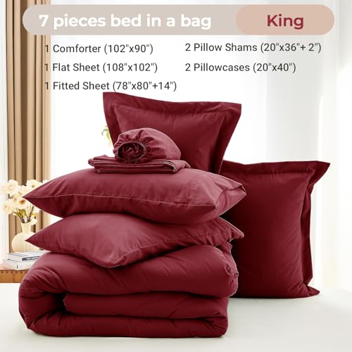 MUXHOMO 7 Pieces King Comforter Set, Soft Bed in a Bag King Size, All Season Bedding Set with Comforter, Flat Sheet, Fitted Sheet, Pillowcases & Shams, Burgundy Red