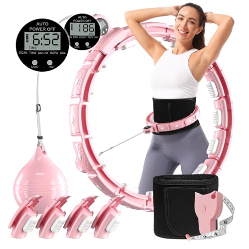 Cozylady Smart Weighted Workout Hoop for Adult Weight Loss,Waist Fitness Circle with Ball, Silent Hoop with 20 Adjustable Links,Exercise Belt & Measuring Ruler-Abs Exercise Equipment for Home（Pink）