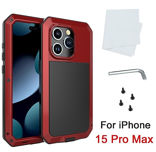 Marrkey Compatiable with iPhone 15 Pro Max Case,360 Full Body Protective Cover Heavy Duty Shockproof Tough Armour Aluminum Alloy Metal Case with Silicone Built-in Screen Protector - Red