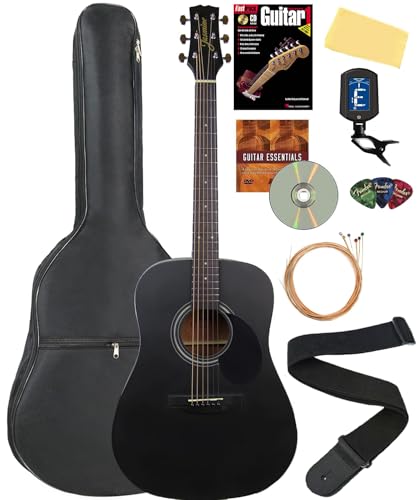 Jasmine S35 - Guitarra acústica - Paquete negro mate con funda, cuerdas, afinador, correa, púas, libro...