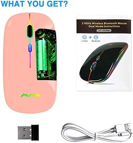 Contents of the MMK mouse package including mouse, USB receiver, charging cable, and manual