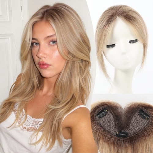 8 inch Human Hair Topper,Curtain Bangs Ash Blonde Balayage,5"x3"Swiss Base SilkHug with 3 Non-Slip Clips,100% Real Human Hair Toppers for Women with thinning
