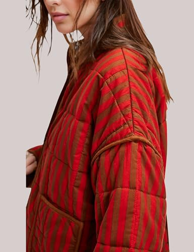 InterNos Womens Quilted Jacket Lightweight Winter Striped Stand Collar Padded Puffer Cardigan Coat with Pockets3