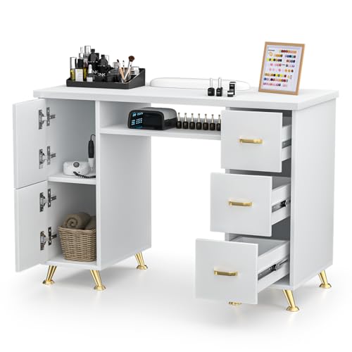 Charmmade Nail Desk for Nail Tech, Professional White Nail Desk with Wrist Pad, Acetone-Resistant Manicure Table with Storage Cabinet, Sturdy Metal Legs Nail Table for Salon, Spa, Home(White-Gold)