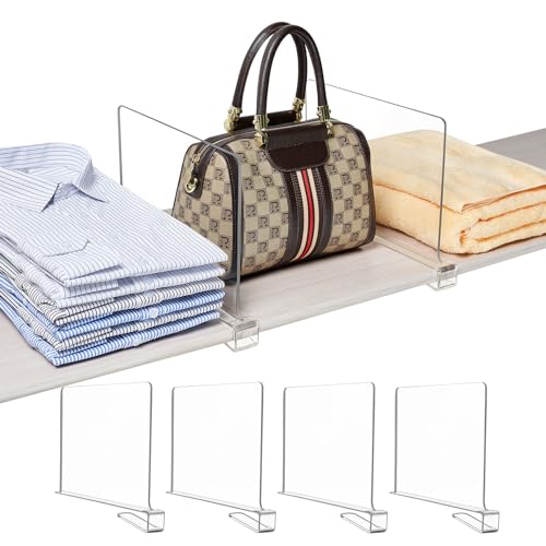 Zitalupy 4 Pack Shelf Dividers for Closet Organization, Clear Acrylic Closet Shelf Divider for Clothes Purses, Wooden Vertical Shelves Organizer Or Bedroom Storage, Kitchen Cabinets and Office
