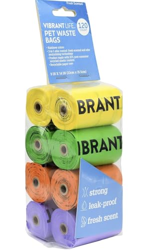 Vibrant Life 120 PET WASTE BAGS | RAINBOW COLORS FRESH SCENT DURABLE LEAK-PROOF pet poop bags dog waste bags