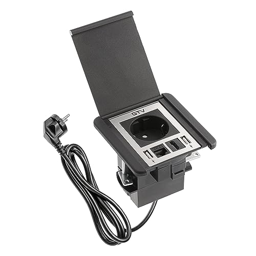 GTV - Möbelsteckdose FLIP, Einbausteckdose, 1x Schuko Steckdose, 2X USB A, 1x RJ45, 1x HDMI, Kabellänge 1,5m, Farbe Schwarz, für Schreibtische, Tischplatte, Küchen und Büro
