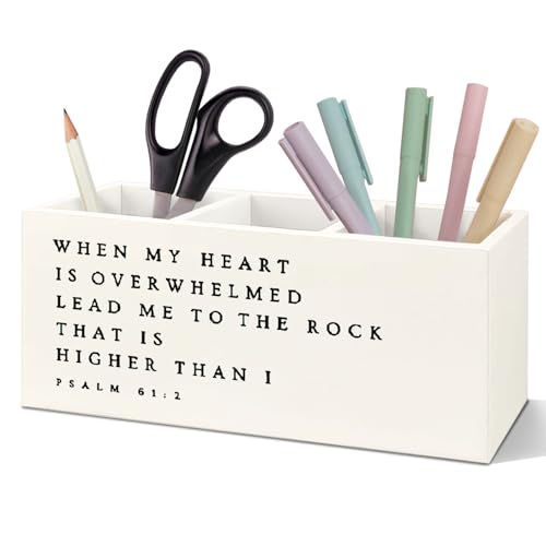 SNNDER Inspirational Christian Pen Holder for Desk Christian Religious Gifts for Women Men Psalm 61:2 Bible Verses Wooden Pen Pencil Holder Organizer for Home Office Desk Accessories