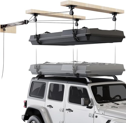 Pacikwest Garage Ceiling Storage Lift System Roof Top Tent Hoist Heavy Duty Overhead Pulley System for Garage Storage Rack 4-Point Lift 250lb Capacity Adjustable Straps Fits 8-16ft Ceiling