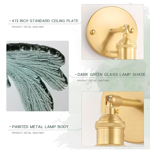 Image of Vintage Sconce Over Mirror Mid Century Modern Wall Sconce Light Fixture Gold Bathroom Vanity Lights with Dark Green Flower Glass Shade 90 Degree Adjustable Hardwired Wall Lighting