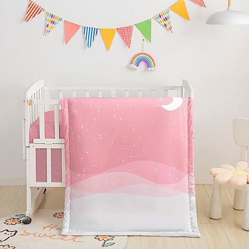 Image of Crib Bedding Set, 3pcs Nursery Crib Covers with Comforter & Skirt, Pink Moon Printed Bedding for Baby Boys & Girls