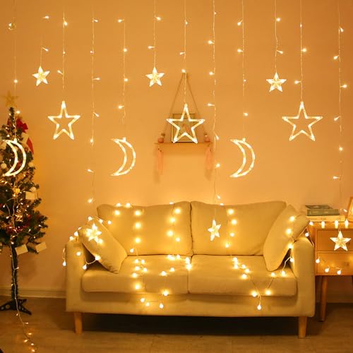 Jsdoin Ramadan LED String Lights - 3.5m Star Moon LED Curtain Lights with 8 Flashing Modes Decoration for Christmas, Wedding, Party, Home, Terrace, Ramadan,Lawn,USB/Battery Powered (Warm White) - Image 4