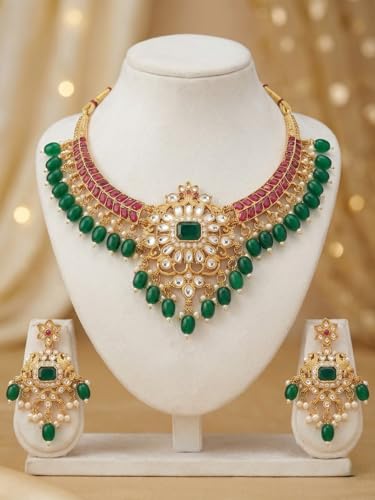Image of South Indian Traditional Antique Matte Gold Finish Goddess Lakshmi & Peacock Motif Long Necklace Set with Jhumka Earrings for Women | Ethnic Temple Jewellery for Weddings, Brides & Festivals (Green Drops)