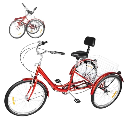 OUBUBY Triciclo de 24 pulgadas para adultos, plegable, triciclo de 7 velocidades, de acero al carbono, con cesta de la compra y 3 ruedas, bicicleta para adultos de 160 – 180 cm, máx. 120 kg (rojo)
