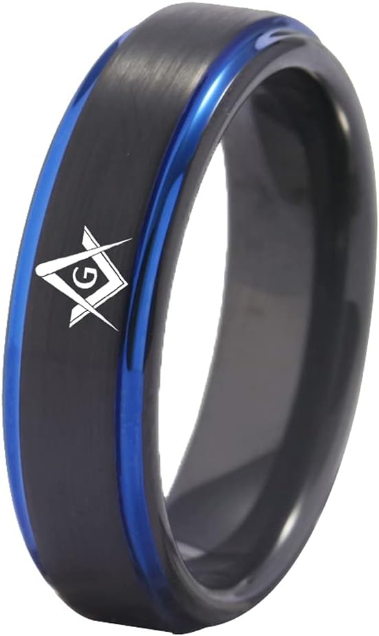 Classic Black with Blue Step Men's Tungsten Carbide Ring Brushed Masonic Compass Square Free Mason-Free Customize Engraving