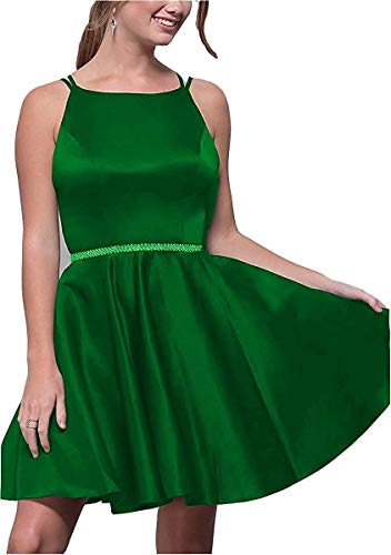 zhuluokeke Women s Satin A-Line Evening Dresses with Pocket Short Prom Gowns Backless Homecoming Dresses Green US6