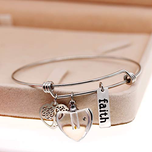 Image of Uloveido Mustard Seed Faith Tree Bangle Bracelet, Stainless Steel, with Glass Charm Bottle Case Y757