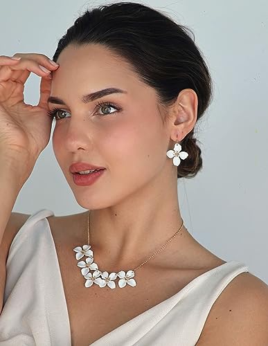 POMINA White Flower Statement Necklace for Women, Floral Bib Collar Necklace with Adjustable Chain, Flower Earrings, Elegant Costume Jewelry for Weddings, Gifts for Women2